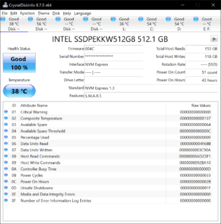CrystalDiskInfo showing SSD and hard drive health on Windows