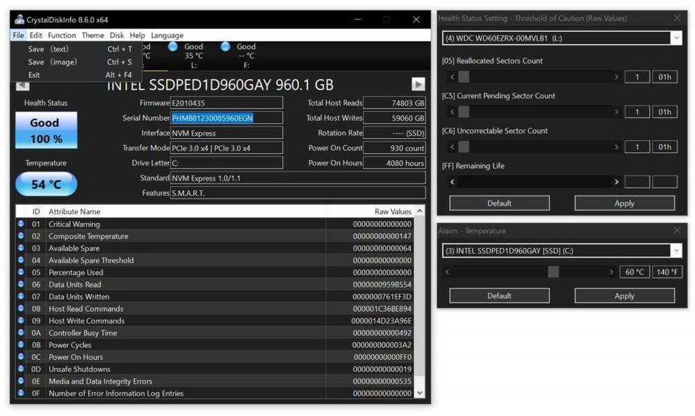 CrystalDiskInfo showing SSD and hard drive health on Windows