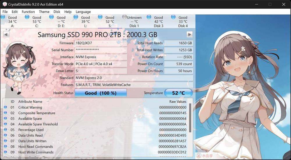 CrystalDiskInfo Aoi edition showing S.M.A.R.T. drive health