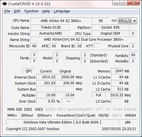 CrystalCPUID showing processor information on Windows